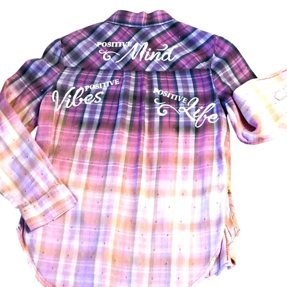 Girl's Bleached Painted Shirt, Size 14: Upcycled Inspirational Purple Plaid Top - Picture 2 of 9